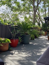 a deck with a lot of potted plants